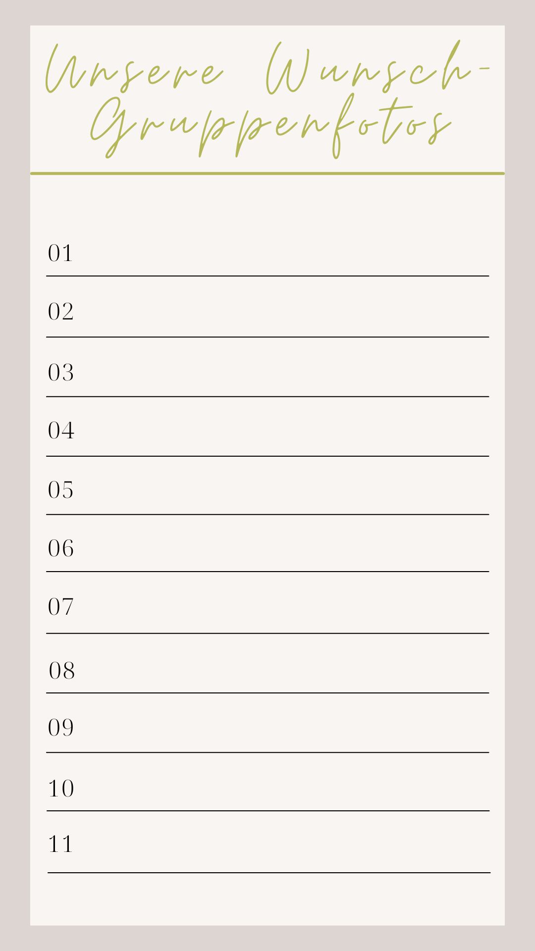 Vorlage zum Ausfüllen für die gewünschten Gruppenfotos am Hochzeitstag